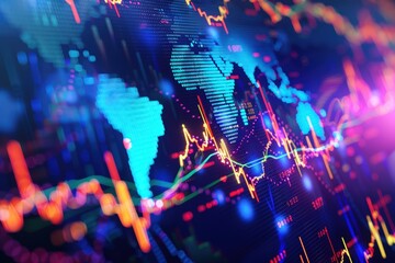 Abstract global stock market background with vibrant lightning representing worldwide financial data flow.