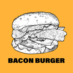 Bacon burger with minced meat, onion, mayo, ketchup, cheese, bacon and bread buns. Line art vector hand drawn and colored. Ingredients are grouped separately.