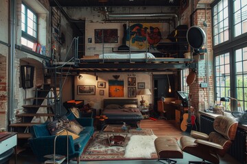 Interior of a room with a bunk bed in a loft style