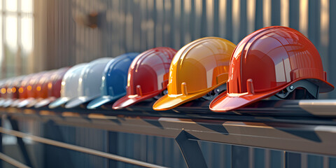 A row of different colored hard hats symbolizing teamwork created with generative ai
