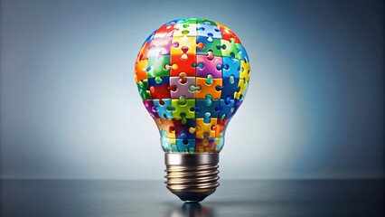 Vibrant colorful puzzle pieces coming together to form a lightbulb, symbolizing innovative ideas and creative solutions in modern marketing and branding strategies.