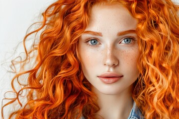 Fototapeta premium Fiery portrait of a young woman with bright red curly hair and intense blue eyes, exuding passion and energy.