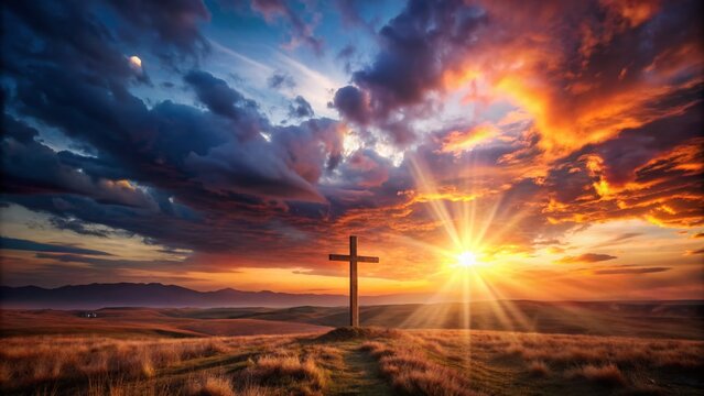 Dramatic sunset over a deserted landscape with a majestic glowing cross in the center, symbolizing Jesus' return and second coming.