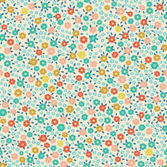 All over ditsy seamless floral repeat pattern packed with tiny multi color flowers and leaves on a neutral beige light tan background. Teal, coral, mustard yellow palette in muted vintage earth tones