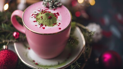 Holiday latte with pink froth, cinnamon sprig and a touch of festive decoration.