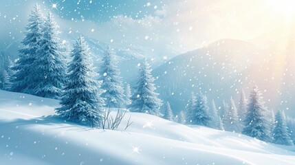 A snowy landscape with pine trees and a bright sun shining through the clouds. The scene is peaceful and serene, with the snow covering the ground and the trees standing tall