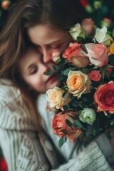 A tender mother-daughter embrace with flowers in the background. Perfect for Mother's Day or family portraits.