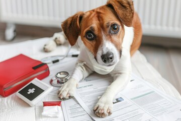 Dog with bandaged paw lies on the table with first aid kit and documents on animal insurance. Conceptual image of emergency care for pets, animal treatment, veterinary medicine, life insurance.