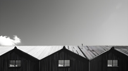 Fototapeta premium black and white factory buildings, corrugated metal roofs, minimalist architecture, industrial design, blue sky backdrop, urban aesthetic, contemporary style, commercial photography