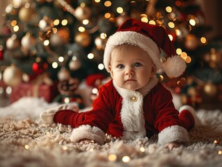 A high-resolution photograph of a baby wearing a Santa Claus outfit, sitting in front of a beautifully decorated Christmas tree.