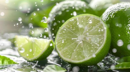 Close-up of fresh limes with water droplets, exemplifying freshness and vitality. Perfect for advertisement use.