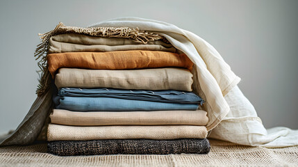 stacked natural textiles, sustainable fashion fabric, organic linen, eco-friendly materials, ideal for clothing design, versatile fabric for industries, warm earthy tones, textured layers