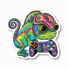 A colorful chameleon holds a video game controller, blending the worlds of wildlife and gaming in a playful illustration.