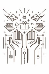 An outline hands concept depicting customer loyalty programs and shopping discount cards, with