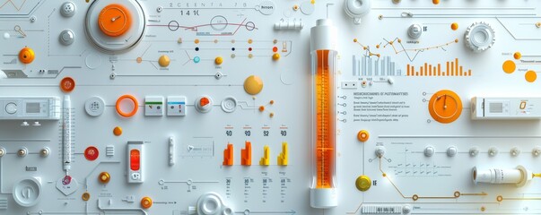 Futuristic data visualization with scientific elements and infographics in orange and white theme
