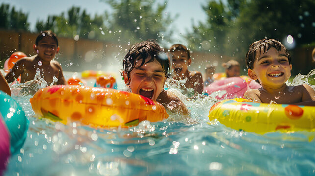 Kids splashing in a backyard pool, with colorful floaties and water toys, under a bright summer sky, UHD 