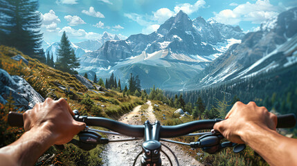 Close-up of a cyclist’s hand gripping the handlebars of a bike, with a mountain trail in the background, depicted realistically, UHD 