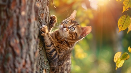 Fototapeta premium A cat is climbing a tree and looking up at the sky