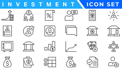 Investment icons in line design. Accounting, analytics, finance, business, money, financial, audit, tax, budget, capital isolated on white background vector. Accounting editable stroke icons.