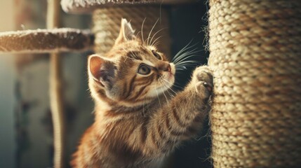 A kitten is playing with a cat toy