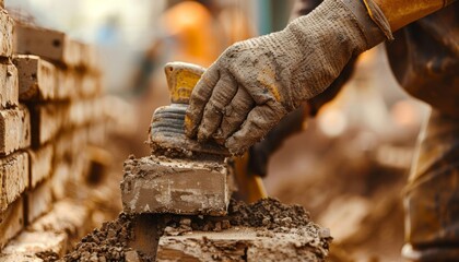 An ultra sharp photo of a bricklayer working at a construction site, showcasing his expertise
