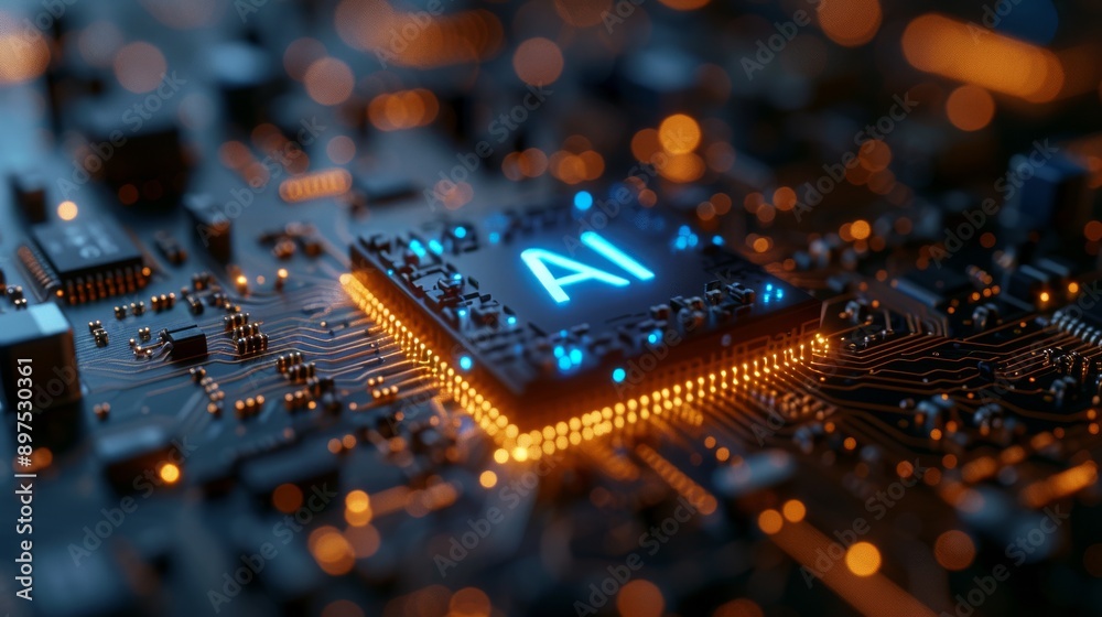 Poster artificial intelligence processor on a circuit board with glowing elements, technology concept