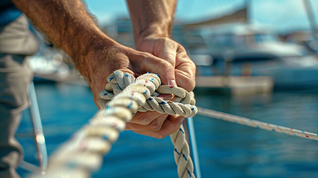 Close-up of a pair of hands tying a knot on a boat, with the marina and water in the background, captured in realistic style, UHD 