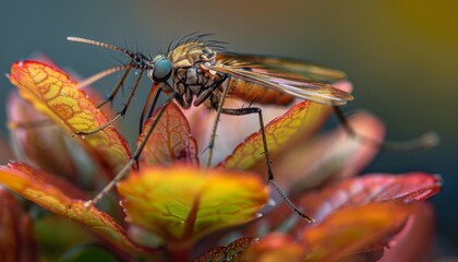 Close-up of a fungus gnat resting on a plant, showcasing intricate details and fine textures with