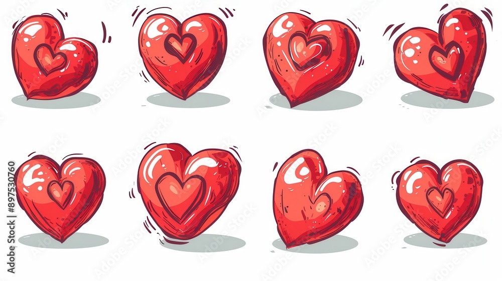 Aufkleber eight red heart illustrations in different styles and poses, all with a smaller heart inside. genera