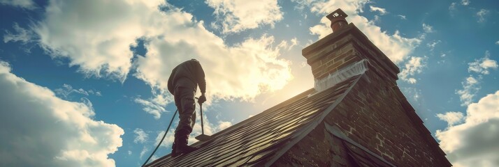 Chimney sweep working the roof, captured in detailed clarity, ideal for a wide banner