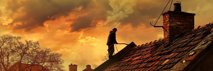 Chimney sweep working the roof, captured in detailed clarity, ideal for a wide banner