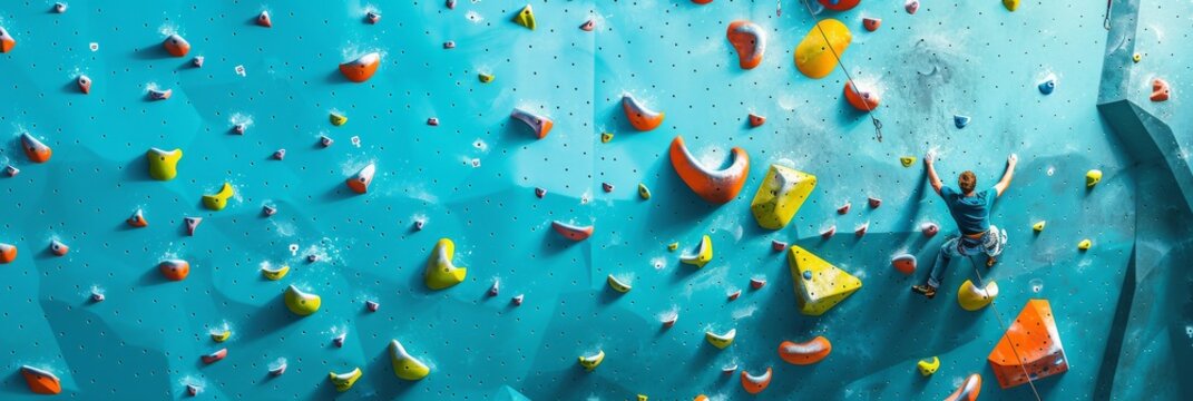 Man practicing bouldering at the indoor climbing wall, captured in detailed clarity, suitable for