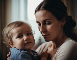 A mother lovingly gazes at her infant baby, holding the child close in her arms. Cute infant child is calm. Love of mother and child. Happy childhood. Family relationships, motherhood and fertility.