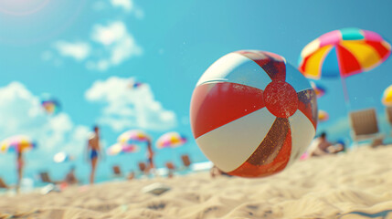 Close-up of a beach ball in mid-air during a game, with a background of sunbathers and umbrellas, shown realistically, UHD 