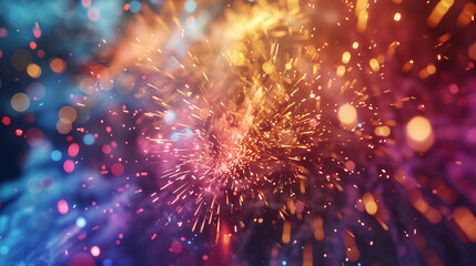 Fototapeta premium A close-up of a firework bursting in a brilliant display of colors, with the festive atmosphere of a summer festival in the background, shown in realistic style, UHD 