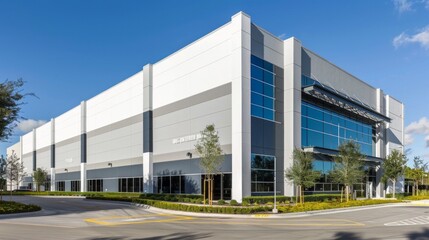 Obraz premium Modern building in aluminum siding and flat angled roofline and front windows.