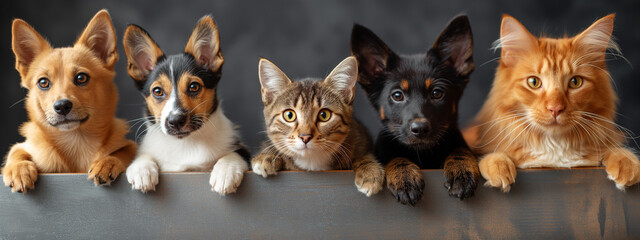 A row of dog and cat heads, with their paws raised, hang over a blank white sign. The sign is sized for use as a website banner or social media header