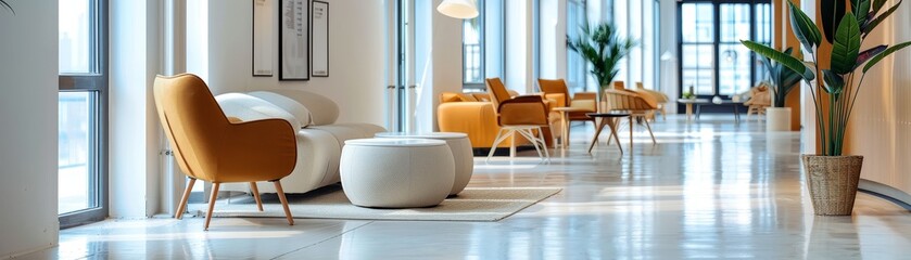 Fototapeta premium Contemporary Workspace: Minimalist Office with Sleek Furniture and Airy Ambiance