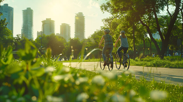 A couple on bicycles enjoying a leisurely ride through a vibrant urban park, with green spaces and city skyline visible, captured in realistic style, UHD 