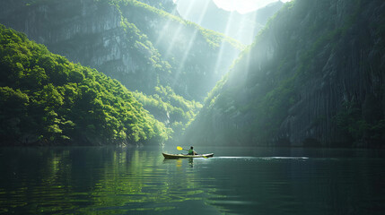 Fototapeta premium A person kayaking through a tranquil lake surrounded by lush green mountains, with the sunlight glistening on the water, captured in realistic style, UHD 