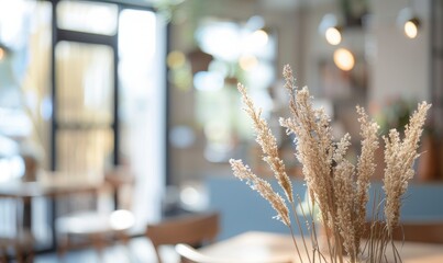 dried grasses in an urban coffee shop, with soft lighting and a blurred background