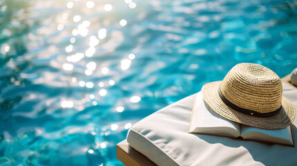 Close-up of a book on a sun lounger by the poolside, with the edge of the pool and sparkling blue water creating a refreshing backdrop 