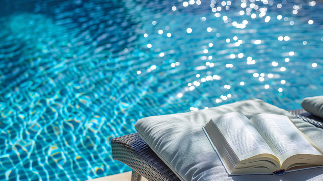 Close-up of a book on a sun lounger by the poolside, with the edge of the pool and sparkling blue water creating a refreshing backdrop 