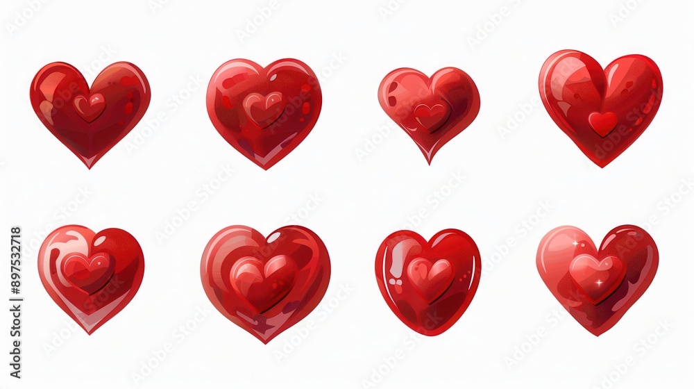 Aufkleber eight red hearts in various styles, including some with a smaller heart inside, against a white back