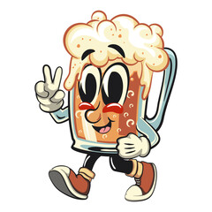 beer cartoon character retro design walking with a peace sign, work of hand drawn