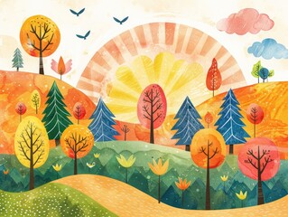 A whimsical cartoon mountain scene with bold outlines, featuring a winding river and trees with colorful leaves.