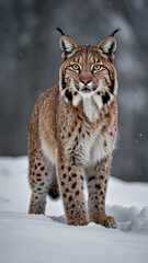 Obraz premium A majestic Eurasian Lynx, its fur a symphony of tan and charcoal, effortlessly prowls through a snowy landscape