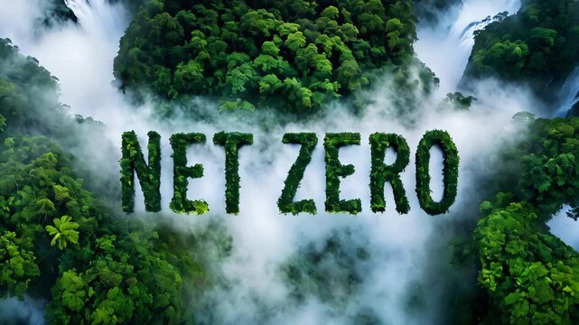 Net Zero Botanical Typography Rising from Misty Rainforest Canopy for Corporate Carbon Neutrality Goals