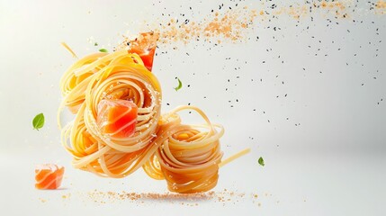 creative horizontal banner of floating pasta with seafood. Italian pasta with salmon and spices flying on white background. Italian cuisine restaurant menu, twisted spaghetti, levitating food