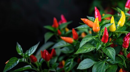 Multicolored indoor Chili Pepper plants with space for text